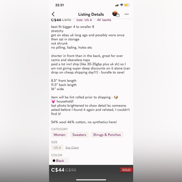 All Saints wool thinner shrug 6 s/m - Picture 3 of 3